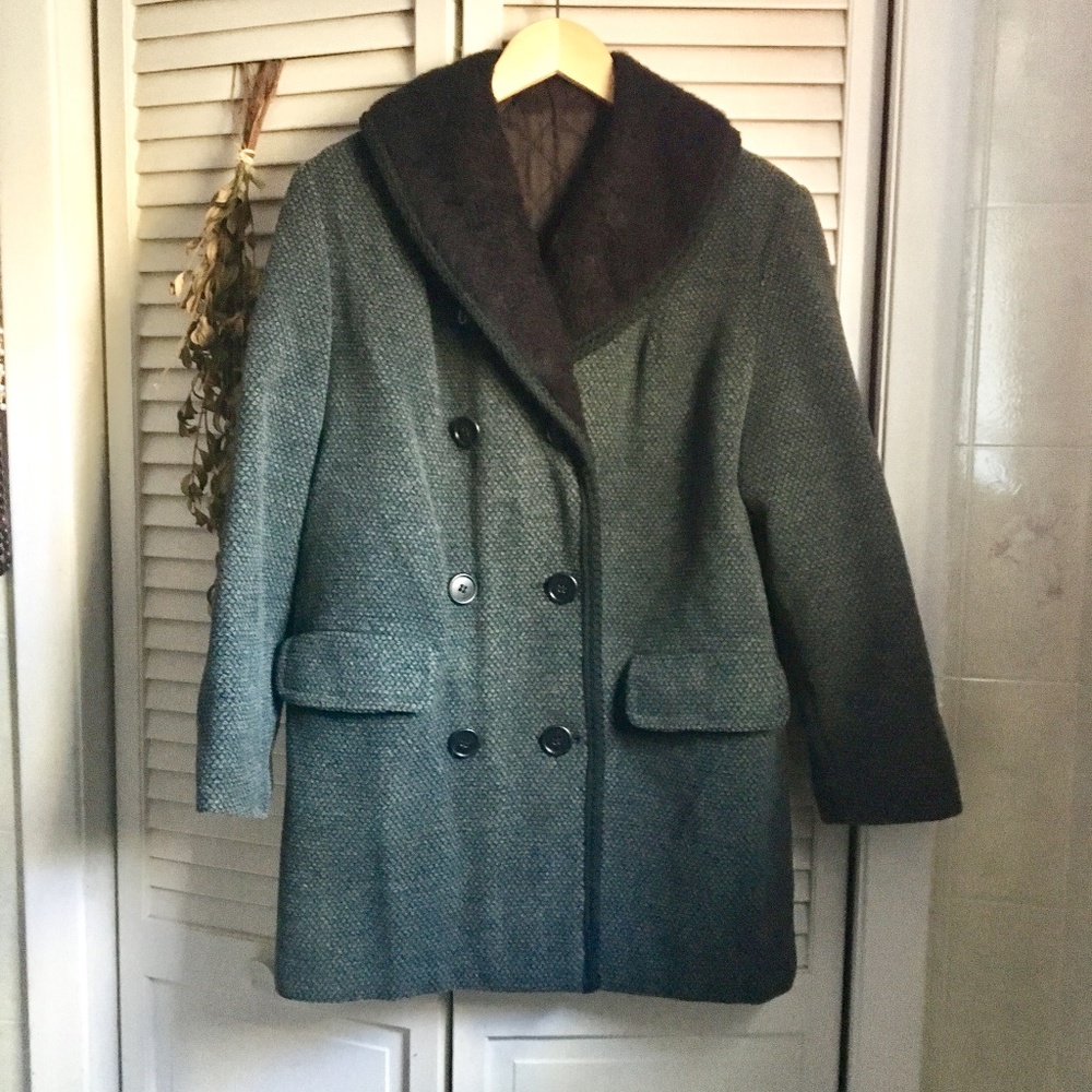 {Vintage} Dark Teal Fuzzy Collar Pea Coat, M/L